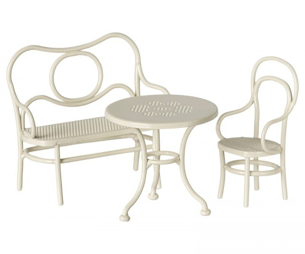 Maileg Tisch und Stuhlgarnitur creme aus Metall  - Cafe Set für Mäuse